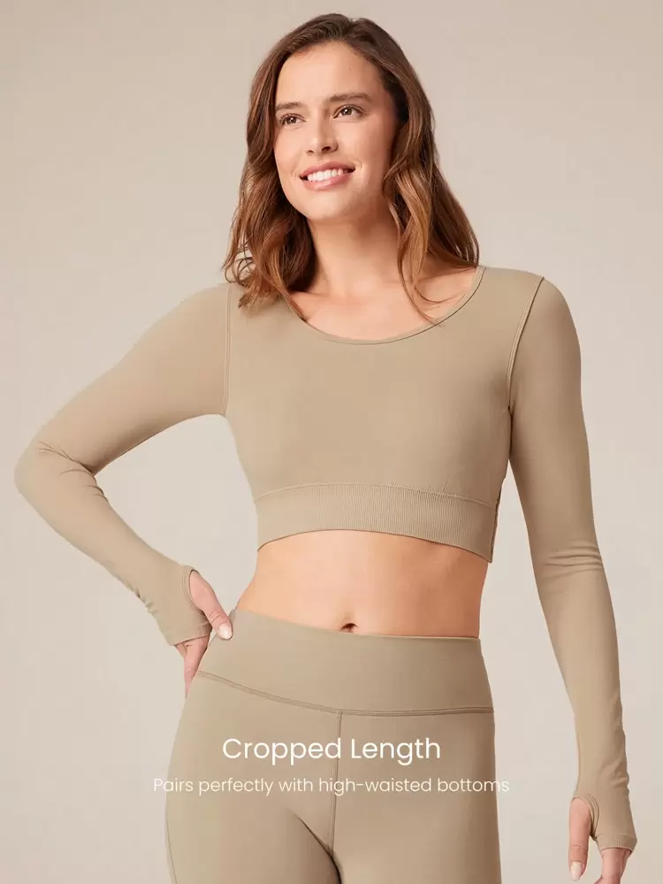 Seamless Fitted Long Sleeve Crop Tee With Lace-Up Back Light Support Low Impact Yoga Pilates Daily Spring Summer
