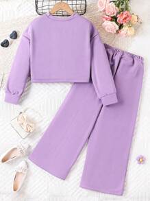 SHEIN 2pcs/Set Tween Girl Casual Floral Print Cropped Loose Drop Shoulder Sweatshirt & Relaxed Wide-Leg Pants