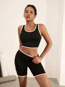 Hanevo 2pcs Women Colorblock Sports Outfit Sportwear For Daily Wear - Black - View 4