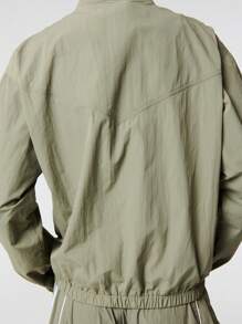 TypaGal Letter Embroidery High Neck Panelling Zip Through Long Sleeve Drop Shoulder Nylon Windbreaker Jacket - Green - View 7