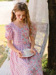 SHEIN Tween Girl Checkered Floral Print Cute Short Puff Sleeve Dress - Pink - View 6