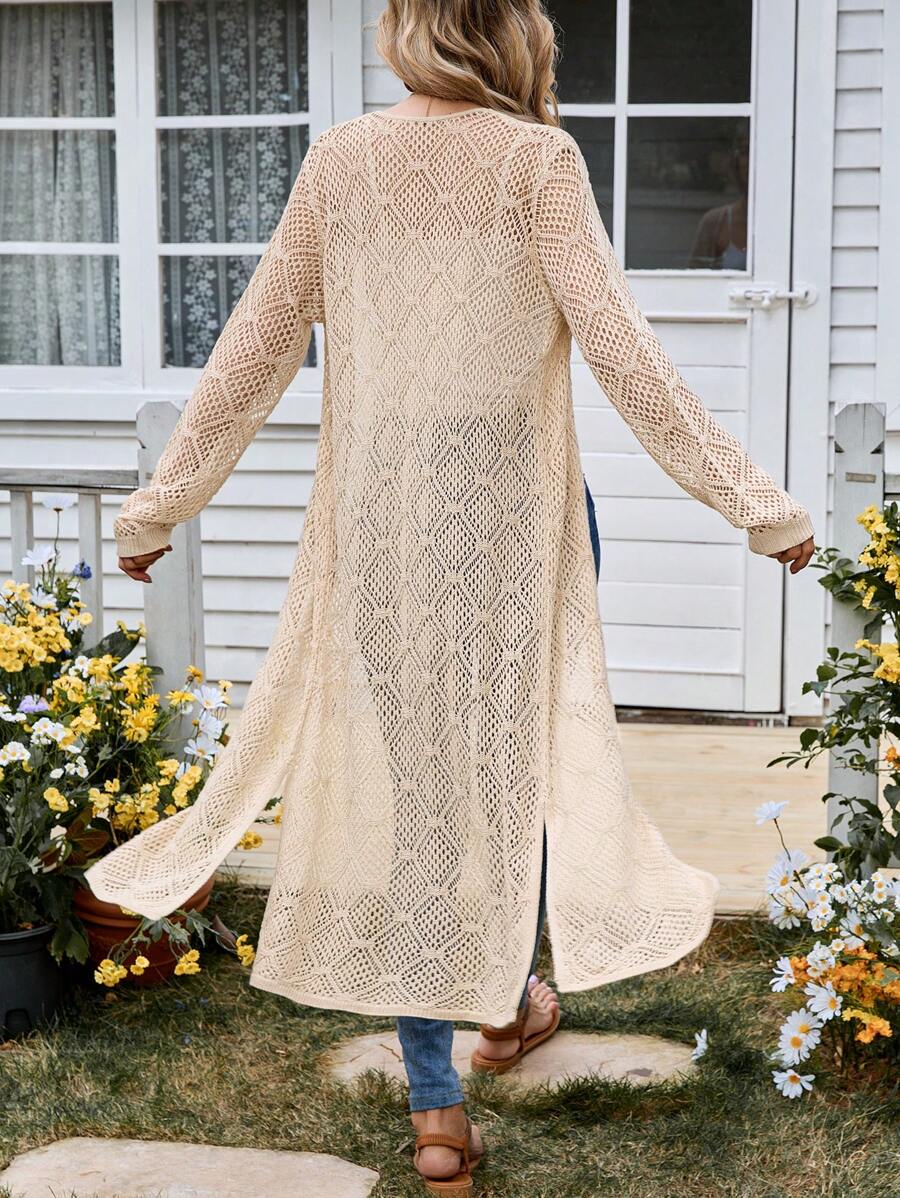 EMERY ROSE Women's Holiday Casual Solid Color Hollow Knitted Side Slit Thin Cardigan - Apricot - View 1