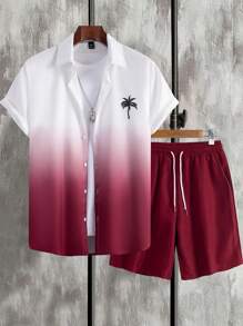Manfinity Chillmode 2pcs/Set Men's Coconut Tree Ombre Print Short Sleeve Shirt + Shorts, Vacation, Cozy Outfits - Burgundy - View 1