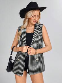 SHEIN LUNE 女士无袖黑白条纹薄款西装外套 - 黑與白 - 查看 4