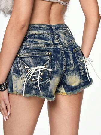 Grunge Punk Shorts de mezclilla de mujer vintage Y2K ultra cortos con borde deshilachado y destellos de plata
