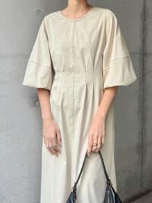 FRIFUL 女士杏色长灯笼袖连衣裙，通勤商务休闲办公室装，春季太阳裙 - 杏色 - 查看 3