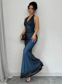 Rafferiza 优雅修身鱼尾下摆 V 领腰部褶皱针织网眼衬里连衣裙，适合女士，秋冬季，多色 - 彩色 - 查看 6