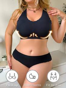 2 件套大码女式纯色无袖蕾丝边上衣和内衣套装 - 黑色 - 查看 1