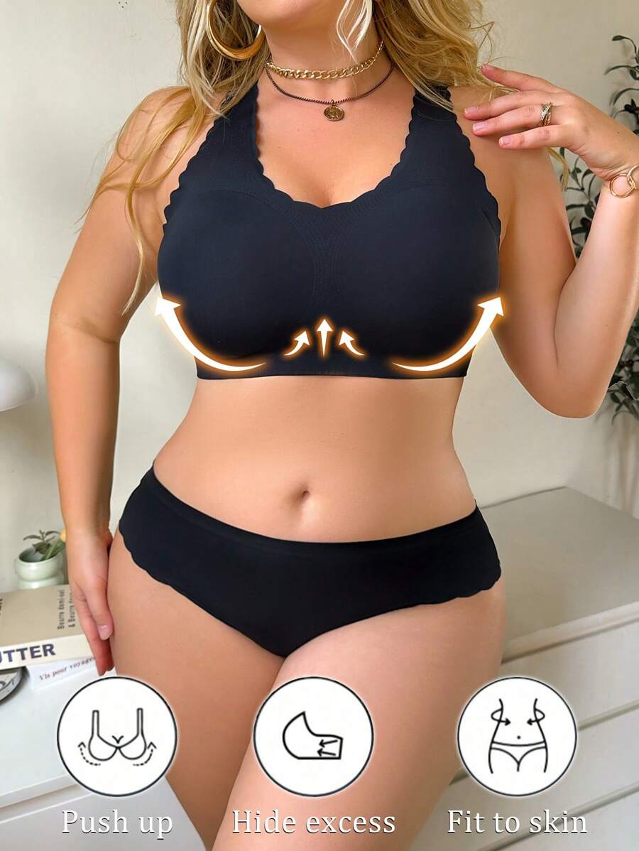 2 件套大码女式纯色无袖蕾丝边上衣和内衣套装 - 黑色 - 查看 1