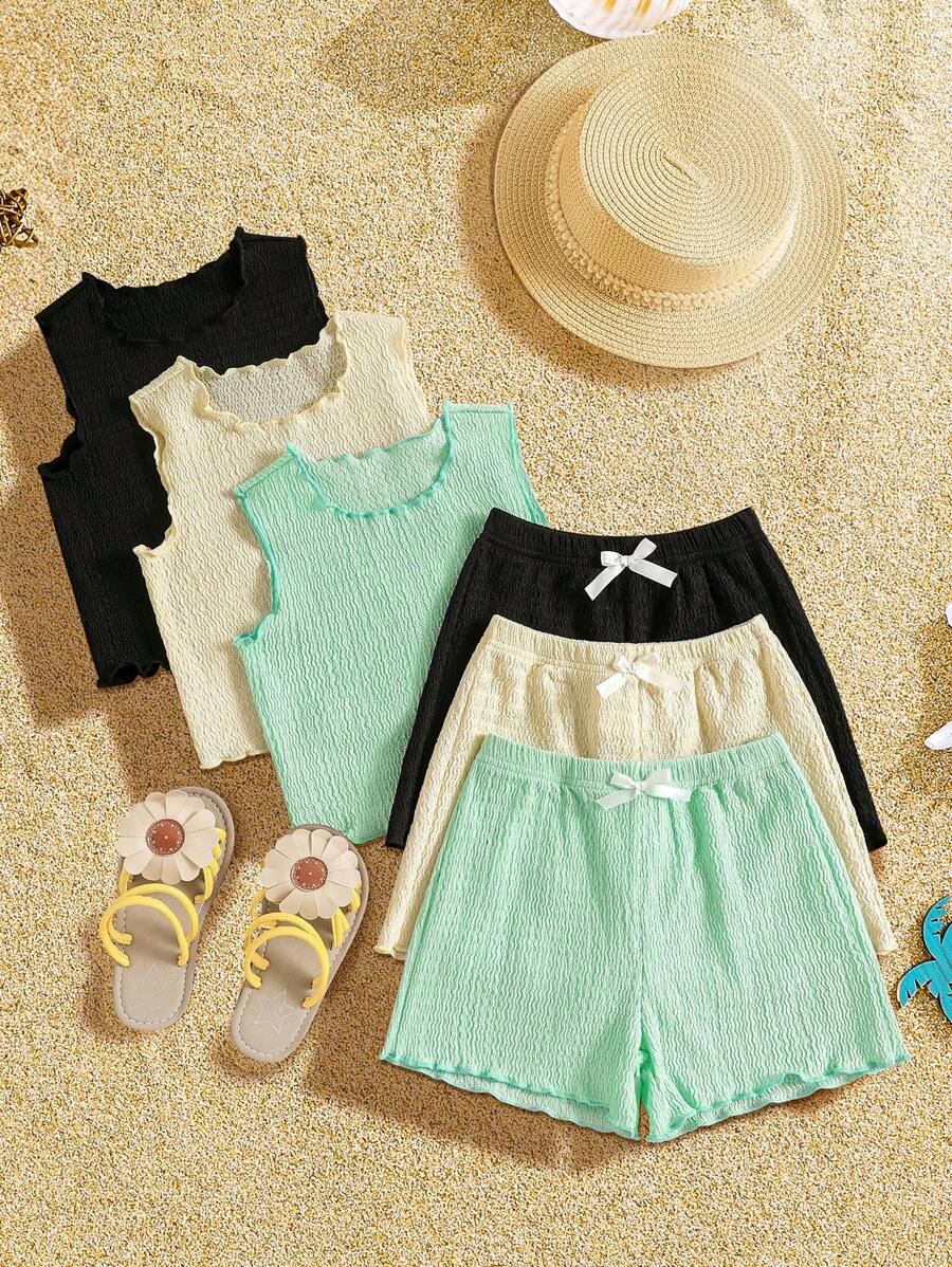SHEIN 6pcs/Set Baby Girl Infant Toddler 0-3Y Casual Daily Basic Vacation Soft Wave Knitted Fabric Sleeveless Top Tee Shirt & Shorts 6pcs Set, Apricot, Spring Day Blue, Black 3 Color Sets - Multicolor - View 1