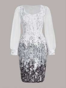 Ellevyn Plus Size Fashionable Party Mesh Contrast Faux Pearl Printed Bodycon Dress