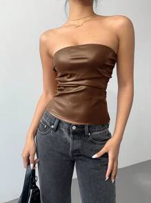 Siren Gaze New Year&Valentine's Women's PU Leather Top Fashionable Ruched Asymmetric Hem Tube Top, Suitable For Going Out And Parties Top,New Years Women Brown Summer Casual - Coffee Brown - View 6