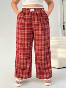 SHEIN EZwear Plus Size Red Plaid Straight Leg Casual Loose Pants - Red - View 1