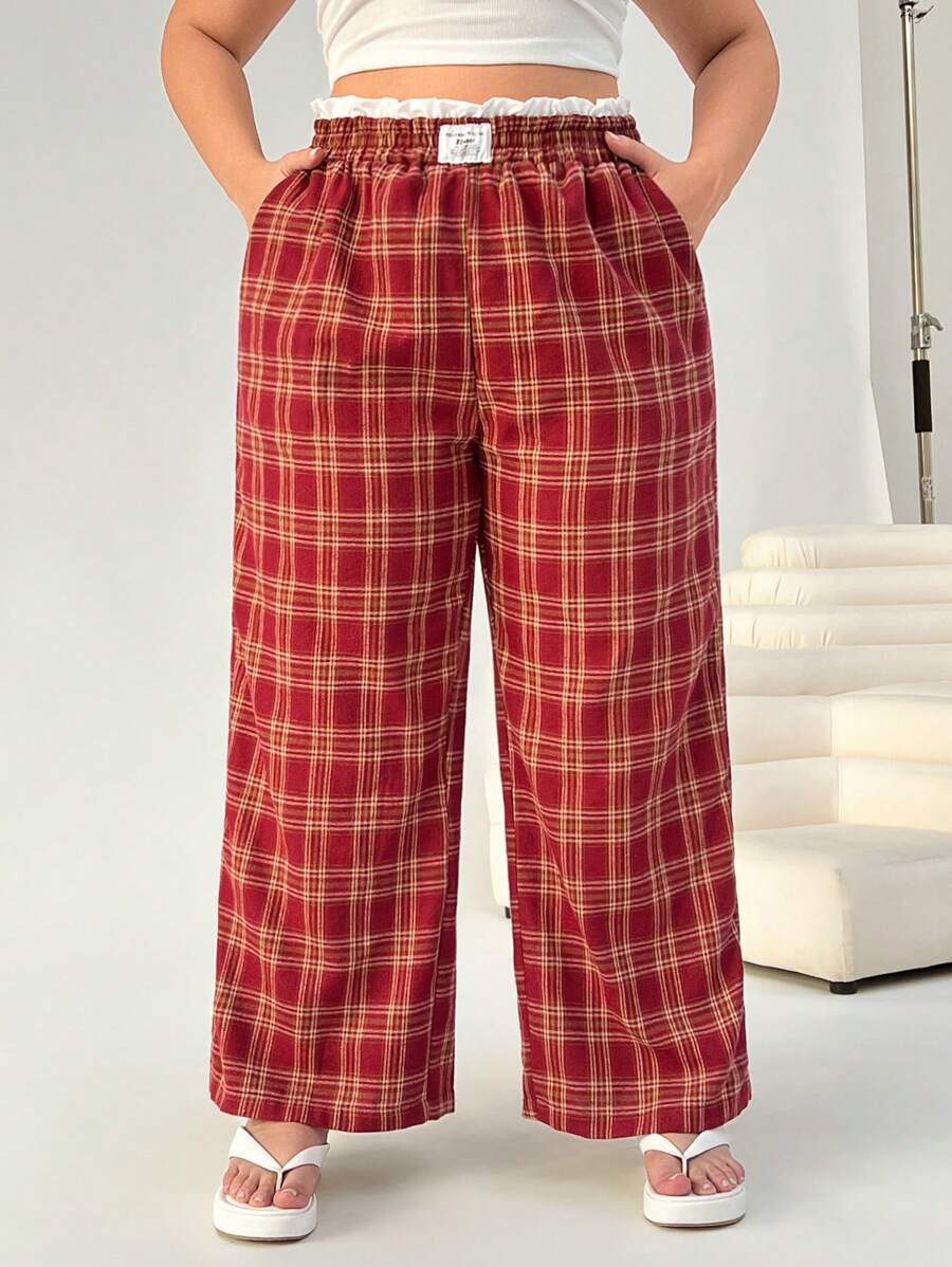 SHEIN EZwear Plus Size Red Plaid Straight Leg Casual Loose Pants - Red - View 1