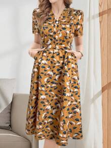 EMERY ROSE Đầm dài tay ngắn cổ chữ V thắt eo thanh lịch, giản dị dành cho nữ - Màu vàng - Xem 5
