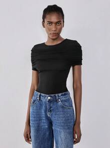 Chiquease Camiseta feminina gola redonda capelete transparente lisonjeira solta manga curta - Preto - Ver 5