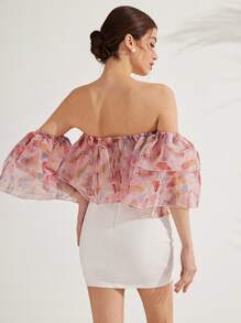 Aveloria Elegant Vacation Refined Versatile Fashion Layered Ruffle Off Shoulder Floral Print Chiffon Blouse For Women, Ideal For Valentine's Day Boho Beach Fashionable Style All Over Print For Summer Spring Fall Autumn