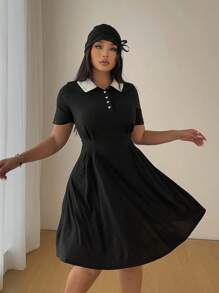 Flirla Plus Size Casual Colorblock Collar Short Sleeve Dress - Black and White - View 5