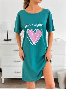 RueChic Slogan & Heart Print Short Sleeve Nightdress - Teal Blue - View 1