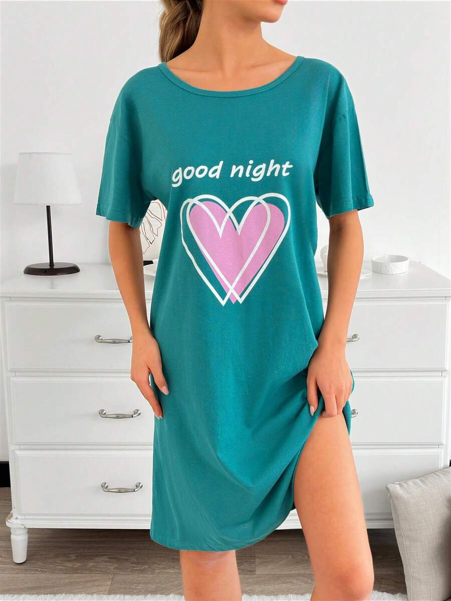 RueChic Slogan & Heart Print Short Sleeve Nightdress - Teal Blue - View 1