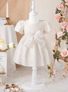 Souflis Souflis Ramadan 2-6Y Toddler Girl Bowknot Princess Tulle Dress Party Wedding Flower Girl Dress, White Textured Jacquard Fabric, Spring/Summer - White - View 3