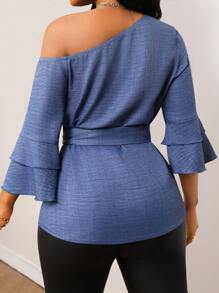 Lunelith SHEIN Lunessa 牛仔效果不对称肩部荷叶边袖系带衬衫 - 藍色 - 查看 2