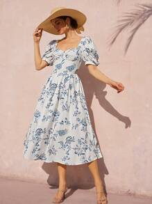 Revavyn White And Blue Floral Summer Elegant Tea Party Holiday Retro French Sweetheart Neck Puff Sleeve Waist Gathered Flared Long All Over Print Boho Dress - Multicolor - View 1