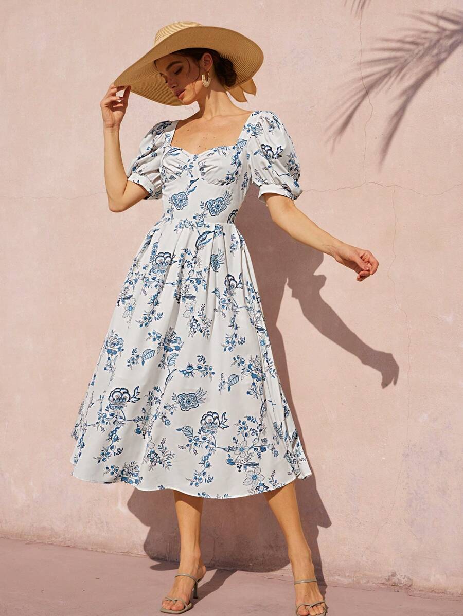Revavyn White And Blue Floral Summer Elegant Tea Party Holiday Retro French Sweetheart Neck Puff Sleeve Waist Gathered Flared Long All Over Print Boho Dress - Multicolor - View 1
