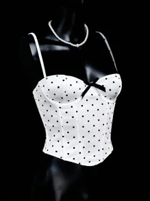 SHEIN ICON 情人节女士夏季服装外出上衣女士不对称罩杯蝴蝶结装饰波尔卡圆点内衣上衣 - 白色 - 查看 7