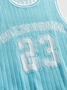 ROMWE MEN Prep Men's Basketball V-Neck Numeric Knit Streetwear Pullover - Blue - View 5