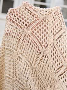 EMERY ROSE Women's Holiday Casual Solid Color Hollow Knitted Side Slit Thin Cardigan - Apricot - View 7