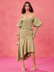 TSS Designer Army Green Off-Shoulder Smocking Ruffled Top And High Waist Ruched Asymmetrical Skirt Rave Set, For Festival Party Tops For Women Off Shoulder Tops Resort Wear 2025 - Army Green - View 5