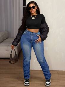 SHEIN SXY Plus Size Skinny Stretch Jeans With Extended Hem Design - Medium Wash - View 6