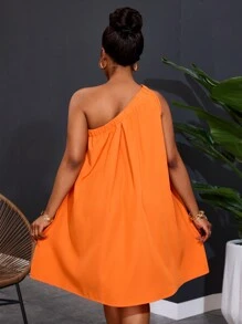 Slaydiva Váy ống rộng màu trơn không tay một bên vai cỡ lớn mới 2025 cho nữ - trái cam - Xem 4