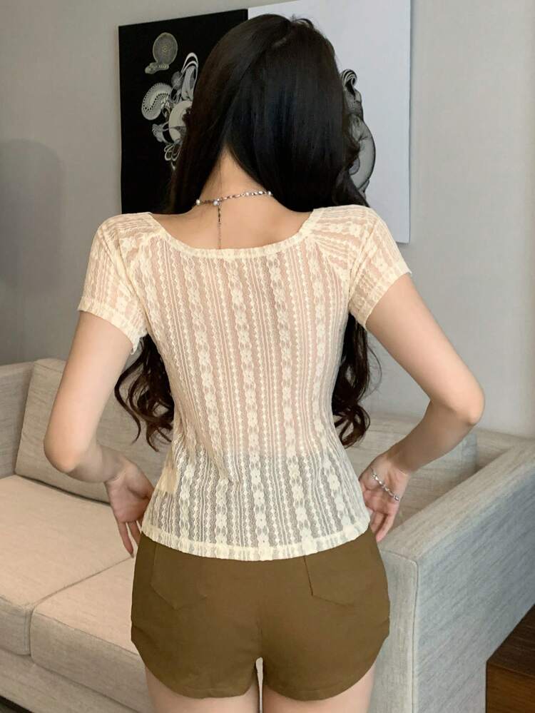Women Lace Scoop Neck Cropped Short Sleeve Top, Apricot Color, Spring/Summer Cute Tops