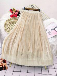 SHEIN Unity Plus Size Women A-Line Mesh Skirt With Elastic Waist And Glitter Decor, Mid-Length - Apricot - View 1