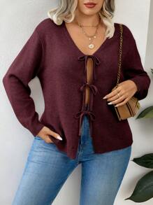 Calvaya 大码女式休闲简约落肩宽松前系带开衫，圣诞节，冬季勃艮第毛衣女式勃艮第毛衣 - 酒紅色 - 查看 4
