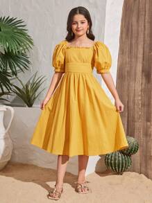 SHEIN Tween Girls' Vacation Casual Solid Color Square Neck Short Sleeve Woven Dress - Yellow - View 1