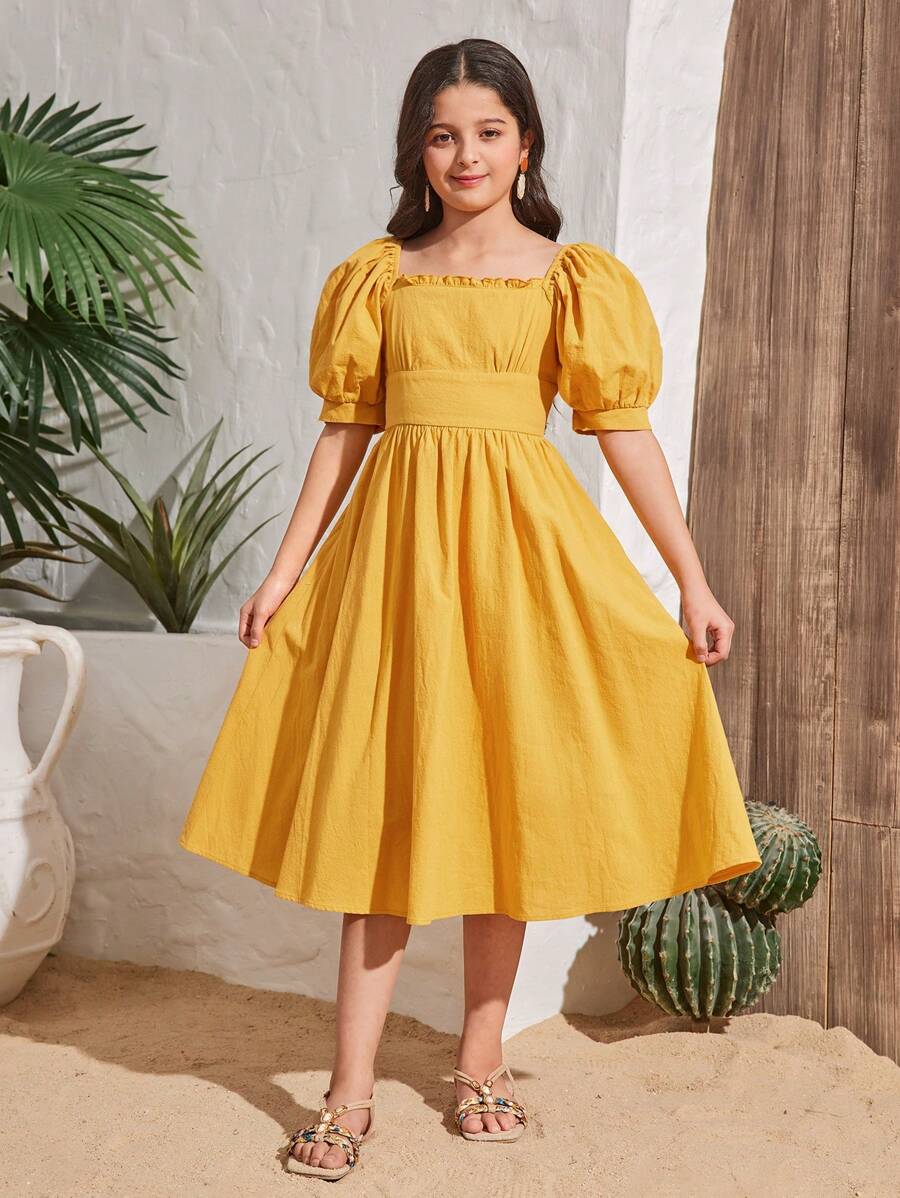 SHEIN Tween Girls' Vacation Casual Solid Color Square Neck Short Sleeve Woven Dress - Yellow - View 1