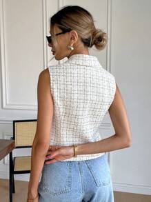 Serisse Women Elegant Commute Little Fragrant Wind Plaid Notched Collar Sleeveless Button-Up Blazer,Office Elegant Commuter Outfits,For Daily Wear,Suitable For Spring, Summer And Autumn,Elegant Blazer,Sleeveless Blazer,Slim Fit Blazer