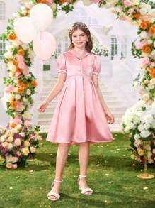 Tween 女童优雅珍珠纽扣领泡泡袖连衣裙 - 藕粉色 - 查看 5