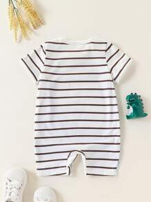 SHEIN Newborn Baby Boy Black & White Striped Fake Suspender Decor Cute Dinosaur Print Button Shoulder Short Sleeve Romper Set, Summer - Multicolor - View 2