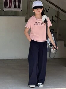 DAZY 2 件套青少年女孩字母印花短袖 T 恤和裤子套装，返校服装 - 粉色 - 查看 3