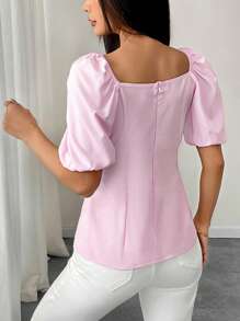 Elenzga Women's Spring/Summer Square Neck Elegant Bowknot Cuffed Sleeve Blouse