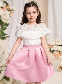 年轻女孩纯色露肩褶皱简约上衣和裙子休闲套装 - 彩色 - 查看 1