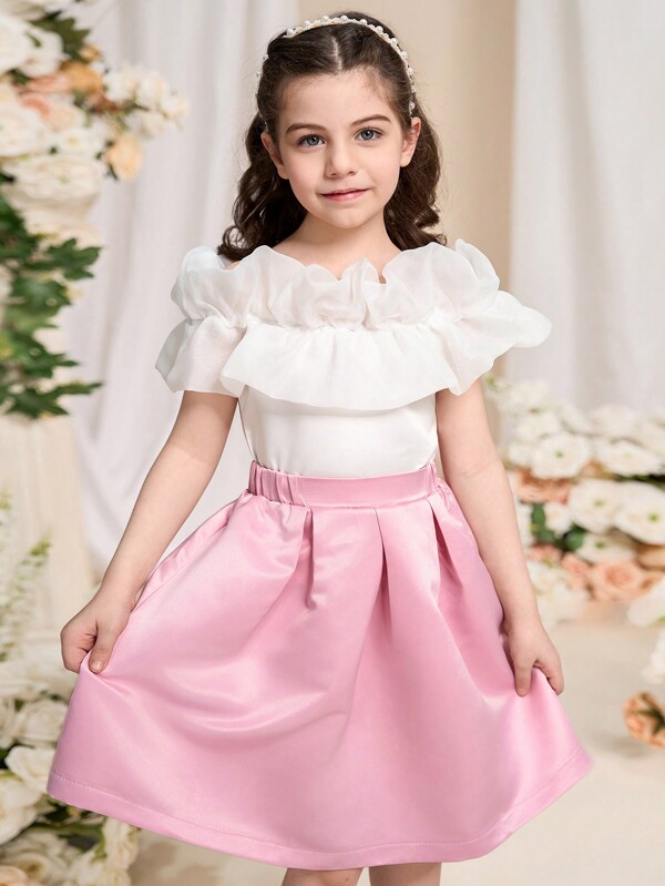 Conjunto informal de top y falda de niña con hombros descubiertos, plisados y unicolor, de estilo minimalista