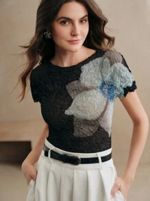 Anewsta SHEIN X Hannahelzahed 弹力褶皱纹理透视圆领短袖上衣T恤，优雅春夏女装 - 黑色 - 查看 1