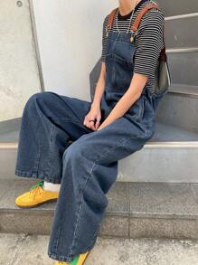 FRIFUL Women's Casual Washed Loose Denim Bib Overalls - Blue - View 5