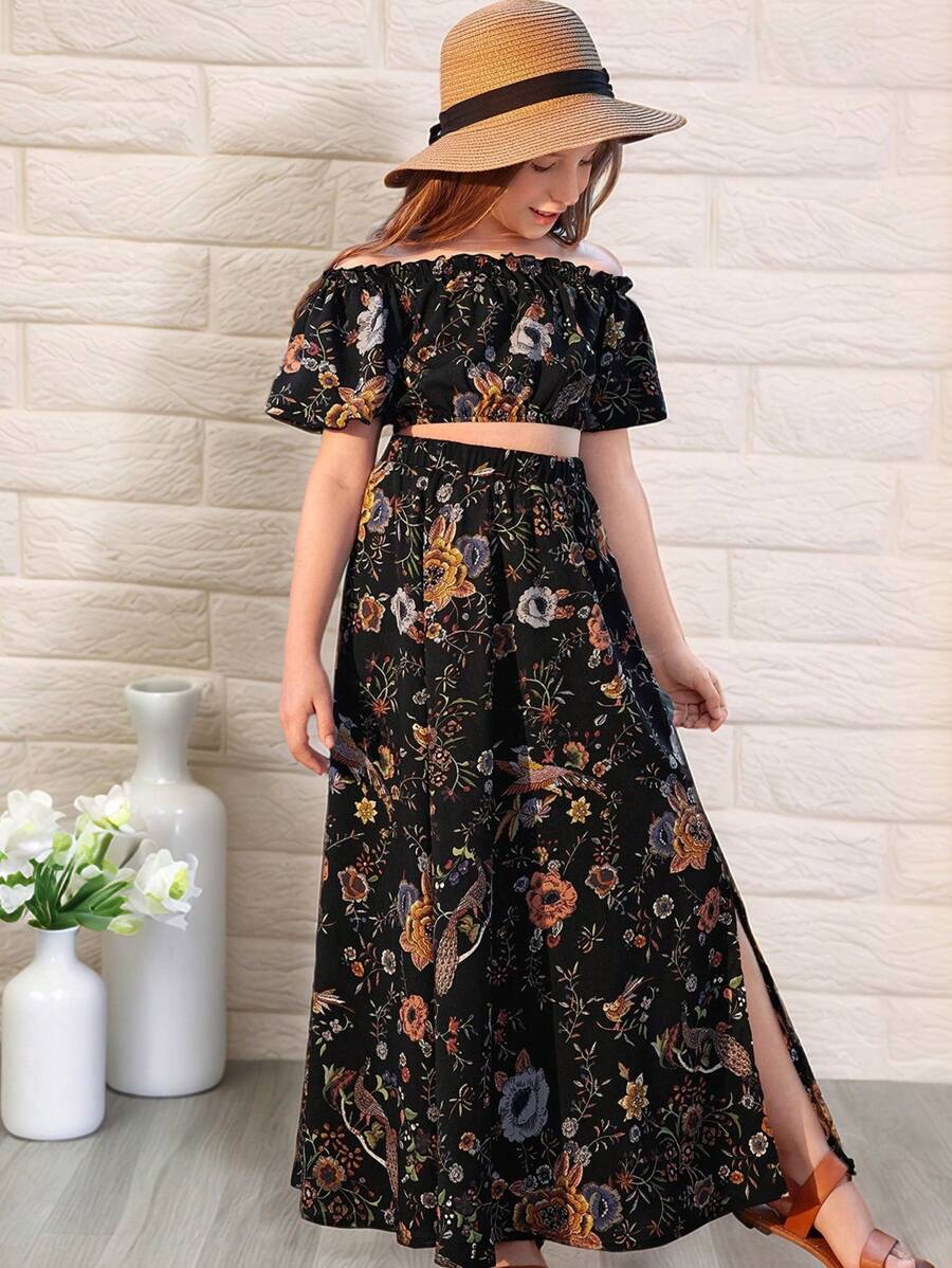 SHEIN Leap Crew 青少女露肩花卉印花上衣+分裂大腿裙套裝 - 黑色 - 查看 1