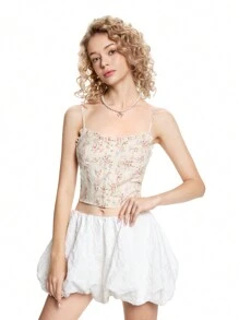 SHEIN MOD Top de tirantes lindo con parte delantera de encaje con estampado floral minimalista en contraste, top de verano, top de mujer con estilo retro, ropa hawaiana de mujer, top romántico, top de estilo pastoril